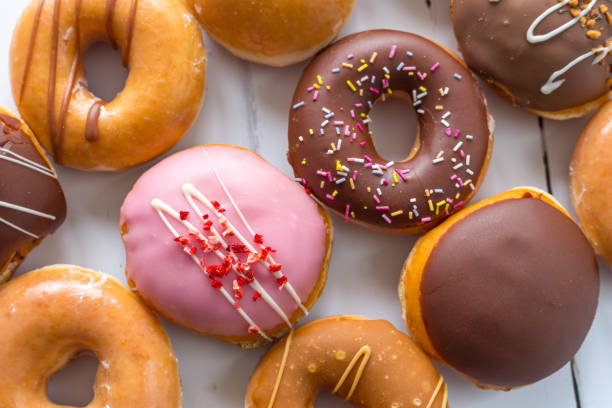 istock Overhead view of fresh donut selection 1315208729