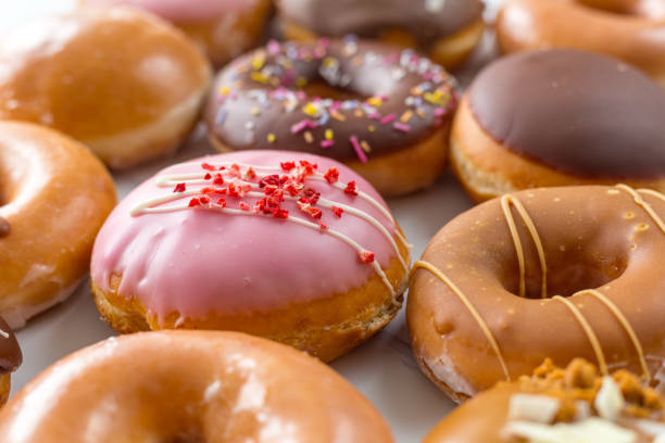 istock Overhead view of fresh donut selection 1315208917
