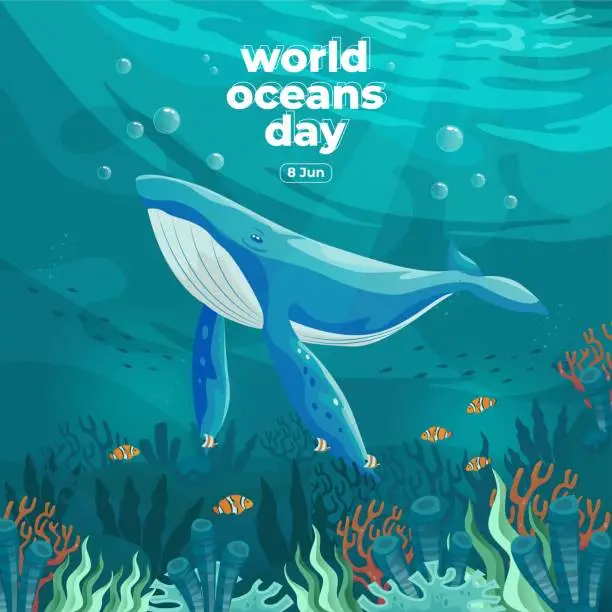 Vector illustration of World oceans day 8 June. Save our ocean. Large whale and fish were swimming underwater with beautiful coral and seaweed background vector illustration.