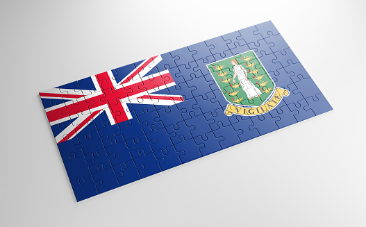 A jigsaw puzzle with a print of the flag of British Virgin Islands, pieces of the puzzle isolated on white background. Fulfillment and perfection concept. Symbol of national integrity. 3D illustration.
