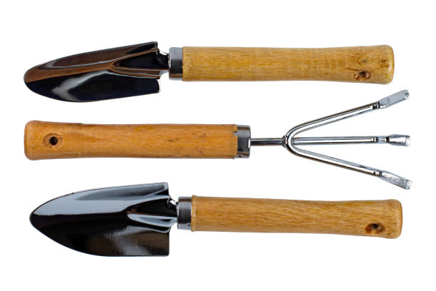 istock Garden shovels and rake on white isolated, top view. 1315219483