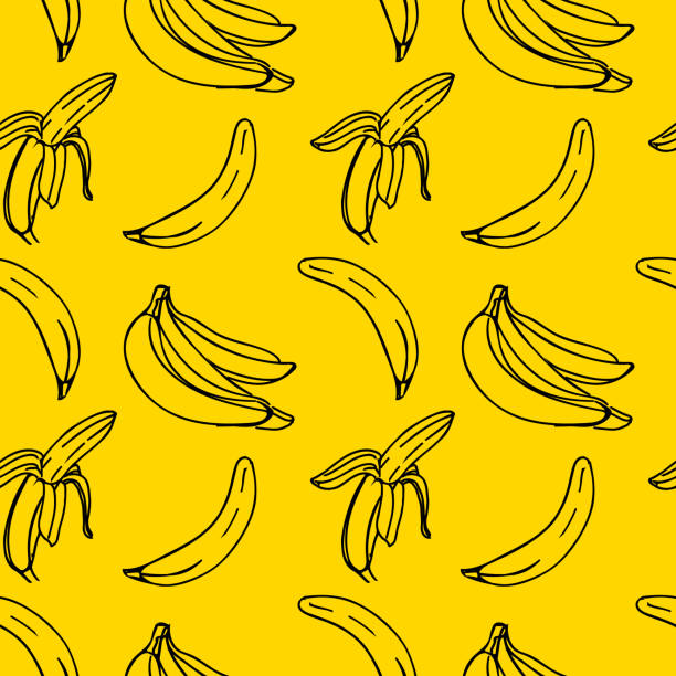illustrations, cliparts, dessins animés et icônes de modèle sans couture de vecteur avec l’illustration des bananes dans la couleur noire d’art de ligne sur un jaune - banane
