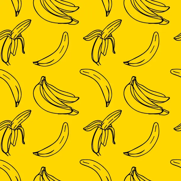 Vector illustration of Vector seamless pattern with illustration of bananas in line art black color on a yellow