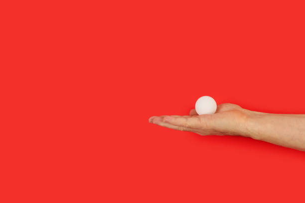 istock Man hand holding a ping pong ball on a red background 1315221844