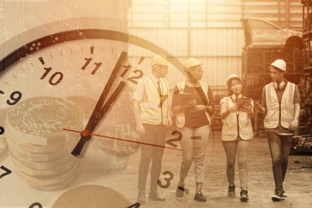istock worker working times, working hours of labor indutry factory time concept. 1315222936