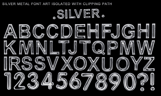 Silver font, A-Z metallic steel type luxury style text alphabet isolated on black with clipping path