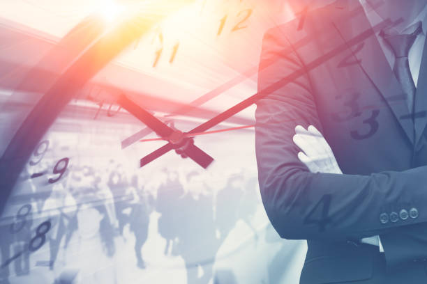 istock Business Times, Working Hours office work clock time moving fast speed overlay with boss executive people 1315224997