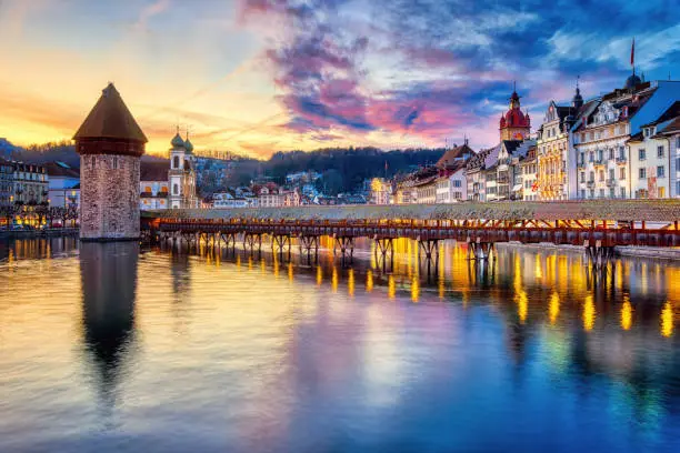 Historical Old town of Lucerne, Switzerland, in dramatic sunset light