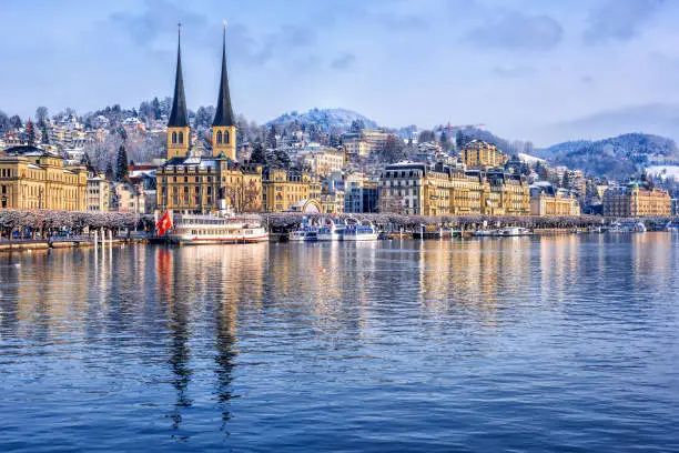 Lucerne city on Lake Lucerne, Switzerland, on a cold winter day