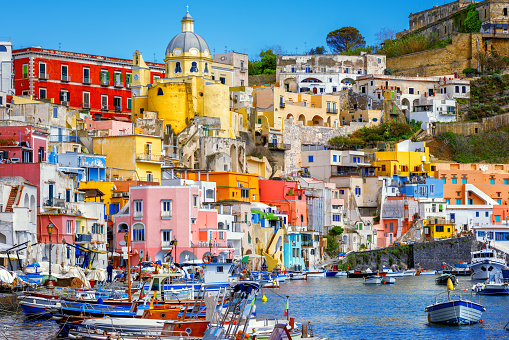 Procida island, Italy, view of the beautiful colorful houses in the Old town port of mediterranean fishing village