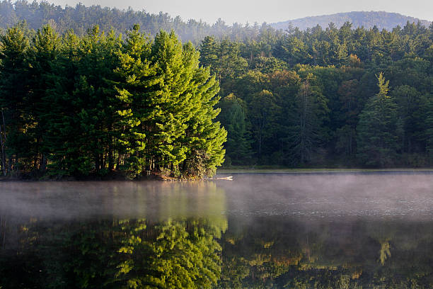 Morning mist on the smooth surface of NC's Bass Lake stock photo