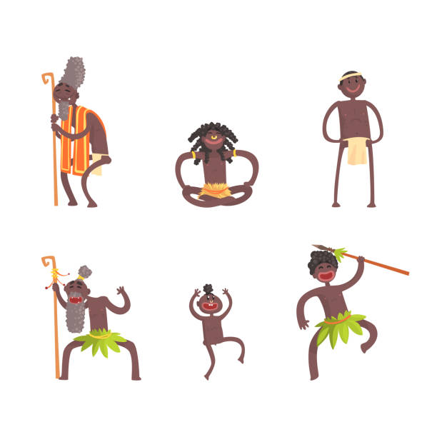 アフリカ人キャラクターダンシングフォークまたは儀式ダンスベクトルセット - loin cloth点のイラスト素材／クリップアート素材／マンガ素材／アイコン素材