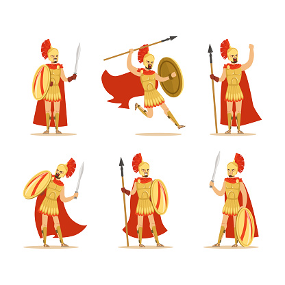 Gladiator or Swordsman as Roman Armed Combatant Vector Set. Greek Man as Ancient Warrior Holding Shield Participating in Violent Fight on Arena Concept