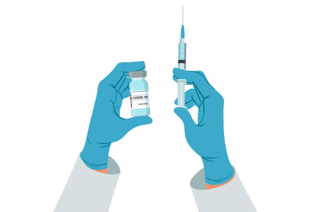 Coronavirus vaccine Rubber-gloved hands holding coronavirus vaccine vial and syringe. vacina stock illustrations