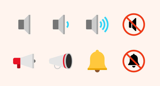 sound, lautsprecher vektor-symbole gesetzt. megaphon, lautsprecher, lautstärke, leise, musik, stummschaltung symbole, emojis sammlung - speaker sound audio equipment stereo stock-grafiken, -clipart, -cartoons und -symbole