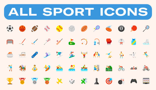 모든 유형의 스포츠 벡터 아이콘 집합입니다. 스포츠, 레저 게임, 활동, 스포츠 장비, 악기 만화 스타일 벡터 기호 컬렉션 - sport stock illustrations