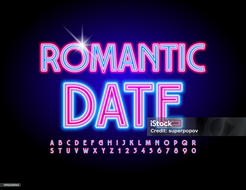 Date Night Lettering Vector Bright Invitation Romantic Date Neon Alphabet Letters And ...