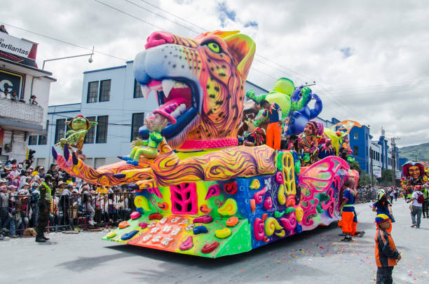 Pasto, Nariño, Colombia. January 6, 2015: floats transported on top of trucks or trailers, in which groups made up of tourists or pastusos who pay a right of way to participate in them, wear a costume that identifies each float. These huge rolling constructions are characterized by large articulated and moving cartoon or allegorical figures.