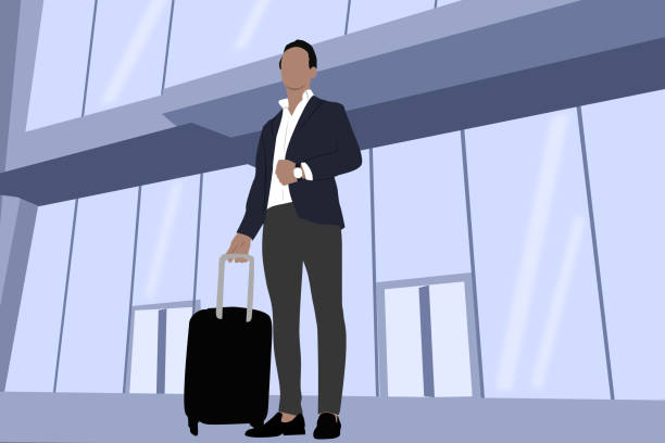Businessman At The Airport For Business Trip And Holding Suitcase Businessman At The Airport For Business Trip And Holding Suitcase business travel stock illustrations