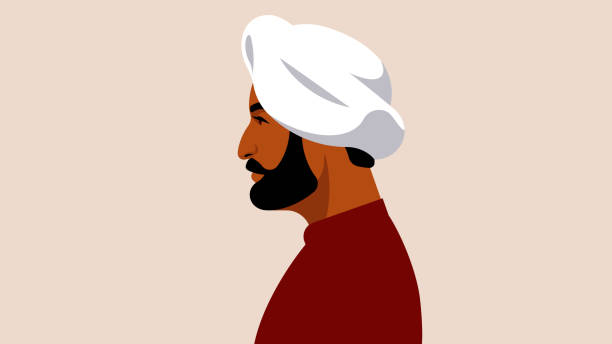 Realistic Indian man portrait. Attractive mature sikh man in turban. Welcome To India. One person, side view, isolated. Modern vector male fase, avatar, head. turban stock illustrations