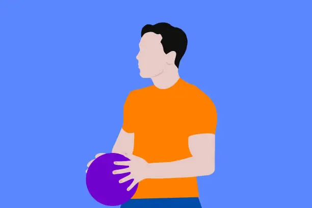 Vector illustration of Side View Of A Young Man Holding Sports Ball With Blue Color Background