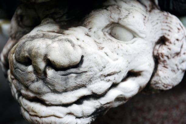 istock Stone lion face close up. Angry lion sculpture. 1315240352