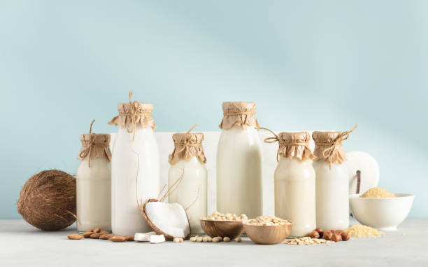 Vegan non dairy plant based milk in bottles on blue background. Alternative lactose free milk substitute, banner stock photo