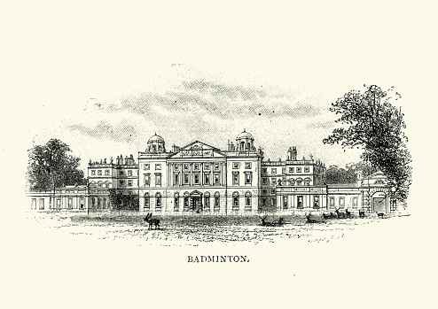 Vintage illustration of Badminton House, large country house Badminton, Gloucestershire, England, 19th Century