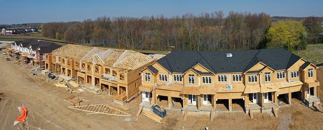 An aerial panorama of Paris, Ontario, Canada houses being built