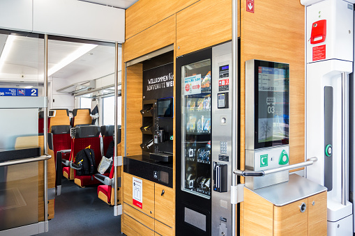Switzerland -April 20. 2021: The newly installed coffee and snack automatic vending machine as public service in trains of SBB (Swiss Federal Railway)