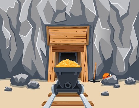 Entrance to gold mine with minecart full of gold on the rails. Rock with mine. Vector illustration.