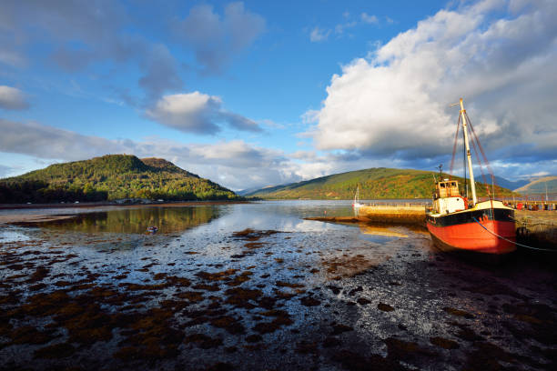 An old red fishing boat anchored near the shore of Loch Fyne, close-up. Inveraray, Argyll and Bute, Scotland, UK. Traditional craft, cruise, travel destinations, national landmarks concepts An old red fishing boat anchored near the shore of Loch Fyne, close-up. Inveraray, Argyll and Bute, Scotland, UK. Traditional craft, cruise, travel destinations, national landmarks concepts loch fyne stock pictures, royalty-free photos & images