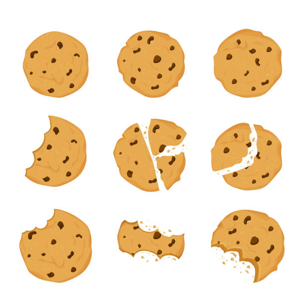 Set of Cookies with chocolate crisps bitten, broken, cookie crumbs in cartoon flat style isolated on white background. Snack bake, traditional bakery or desert. Set of Cookies with chocolate crisps bitten, broken, cookie crumbs in cartoon flat style isolated on white background. Snack bake, traditional bakery or desert. Cookie stock illustrations