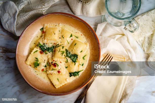 Tuscan Creamy Cheese Ravioli Stock Photo - Download Image Now - Ravioli, Pasta, Stuffed