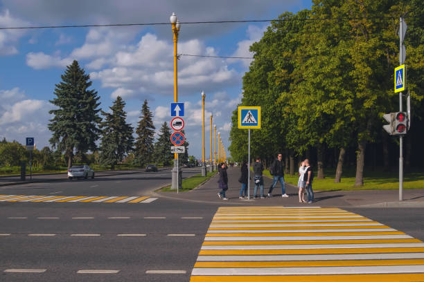 Pedestrian crossing in Moscow. stock photo