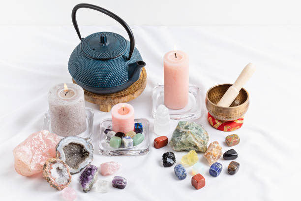 istock Healing chakra crystals therapy. Alternative rituals, gemstones for wellbeing, meditation, destress 1315256050