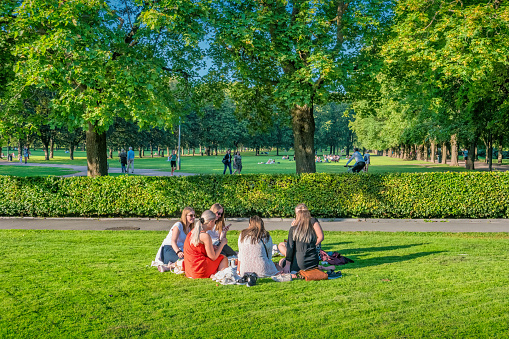 Group of friends picnic in Frognerparken (Frogner Park) in Oslo, Norway on a sunny day.