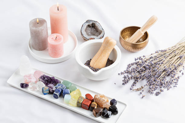 istock Healing chakra crystals therapy. Alternative rituals, gemstones for wellbeing, meditation, destress 1315256068