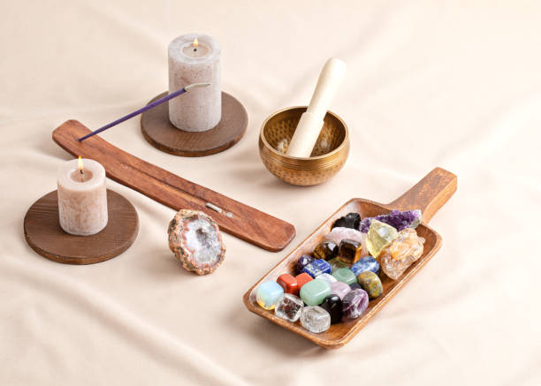 istock Healing chakra crystals therapy. Alternative rituals, gemstones for wellbeing, meditation, destress 1315256078