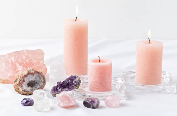 istock Healing chakra crystals therapy. Alternative rituals, gemstones for wellbeing, meditation, destress 1315256100