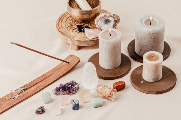 istock Healing chakra crystals therapy. Alternative rituals, gemstones for wellbeing, meditation, destress 1315256103