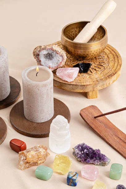 istock Healing chakra crystals therapy. Alternative rituals, gemstones for wellbeing, meditation, destress 1315256106