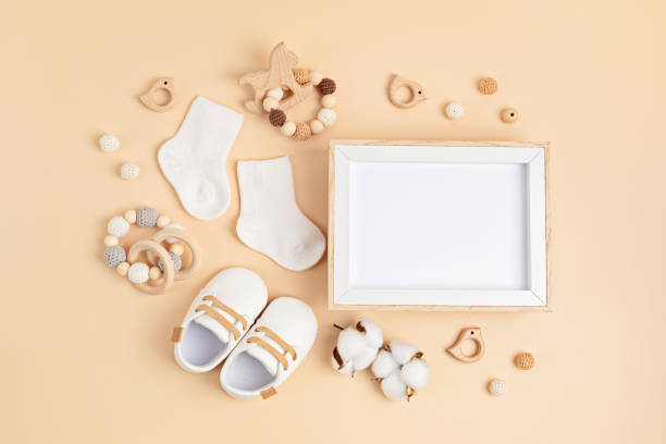 istock Mockup of empty frame with eco friendly baby accessories 1315256153