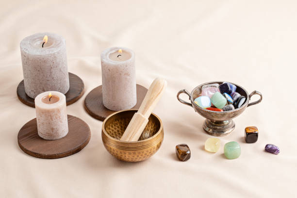 istock Healing chakra crystals therapy. Alternative rituals, gemstones for wellbeing, meditation, destress 1315256154