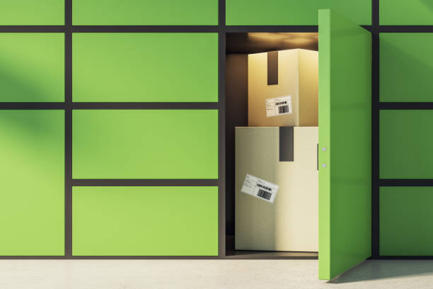 istock Storage facilities service concept with card boxes in green terminal cell 1315256977