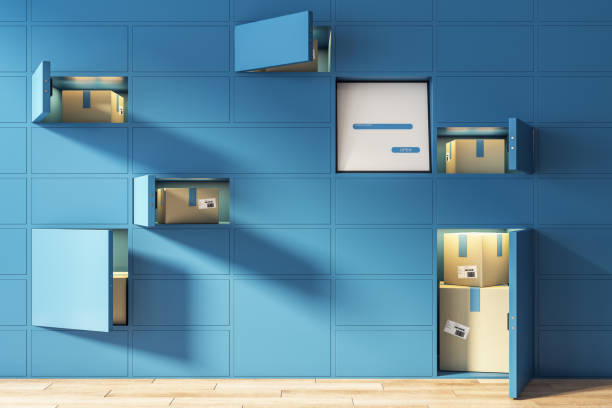 Automated self-service blue terminal for goods storage ordered from online stores and card boxes in cells. 3D rendering