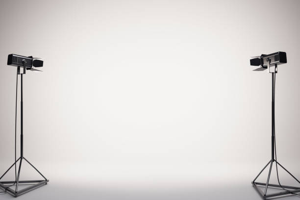 istock Blank white background on empty stage with black floor spotlights on the sides. 3D rendering, mockup 1315257904