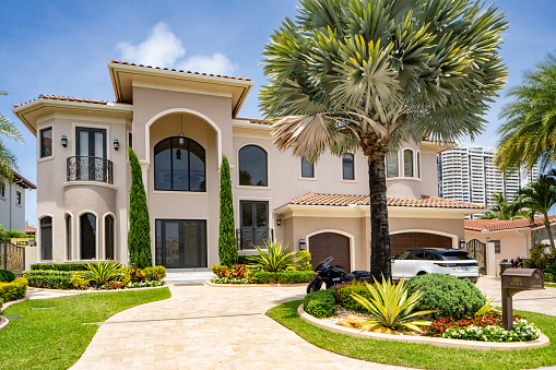 Miami, FL, USA - April 29, 2021: Photo series of single family homes in Eastern Shores neighborhood subdivision of Miami Florida USA