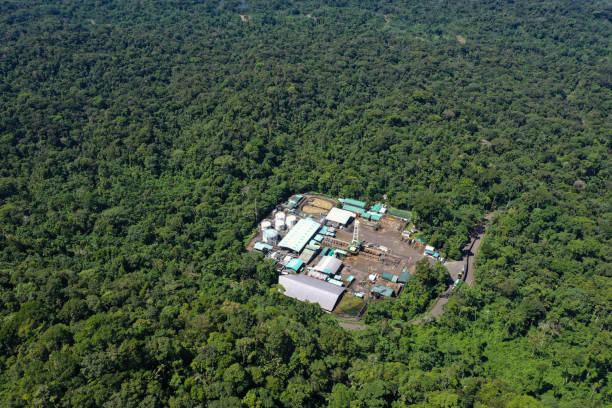 vista de cima, ainda vídeo de uma plataforma de bombeamento de petróleo em um campo de petróleo da floresta amazônica da américa do sul - oil well oil rig drilling rig oil field - fotografias e filmes do acervo