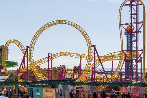 Port Aventura Salou Tarragona Catalonia Spain on June 2019: Port Aventura is an amusement park and a European resort located in the area of Tarragona, Catalonia. Shambhala is the new  of the 'big four' (3 roller coasters and one drop tower).